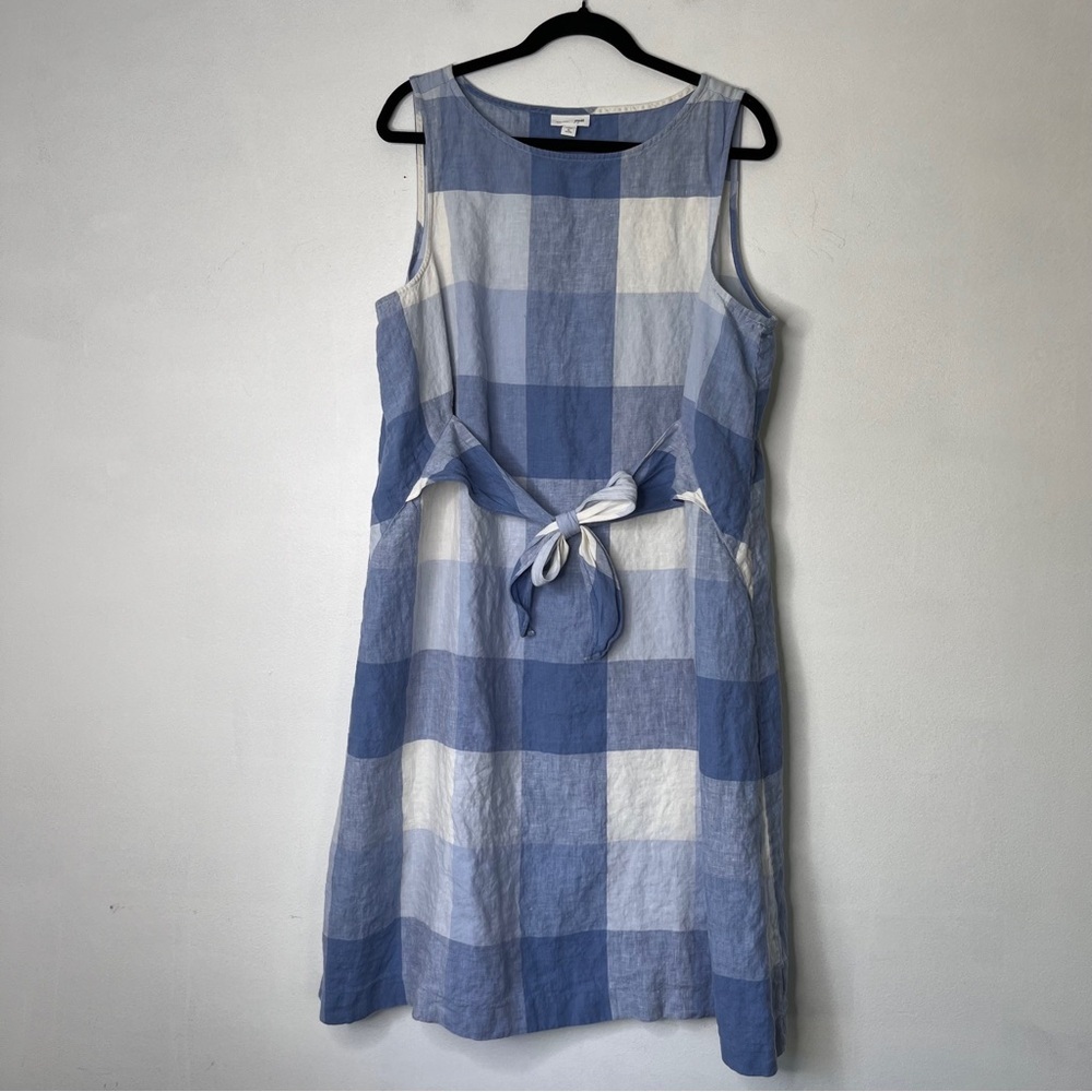 J. Jill Love Linen Plaid Gingham Tie Waist Midi Dress Size XL Petite Blue White
